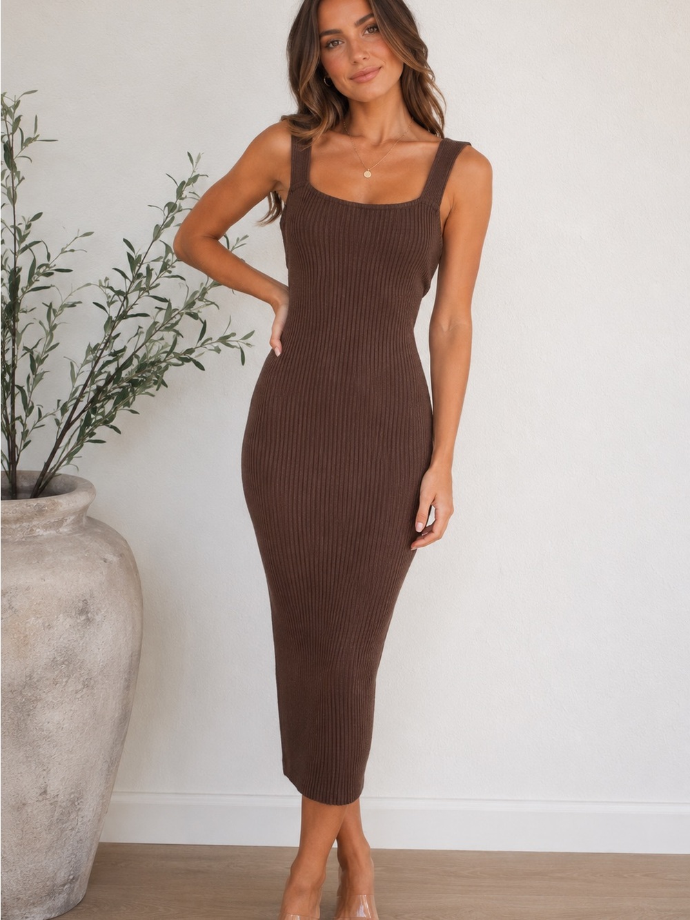Old Navy Ribbed Square-Neck Midi Dress in Chocolate Brown
